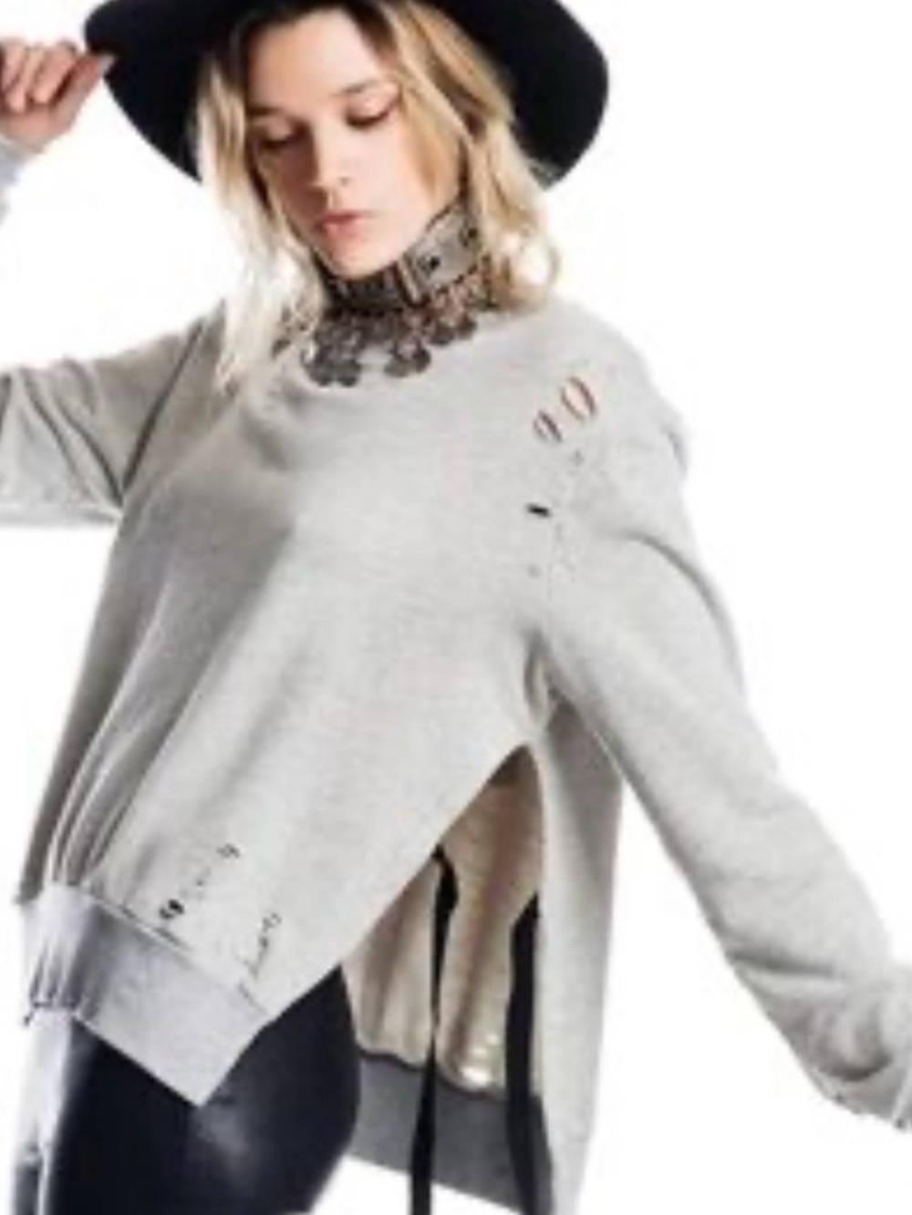 Pam & Gela Light Gray Pullover Distressed Sweatshirt Side Ties SZ M EUC